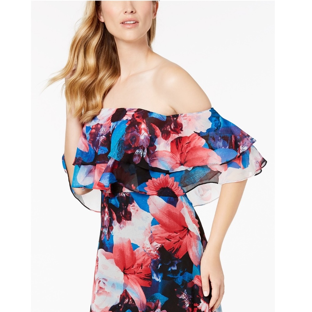 NWT CALVIN KLEIN Blue Printed Ruffled A-Line Dress $159